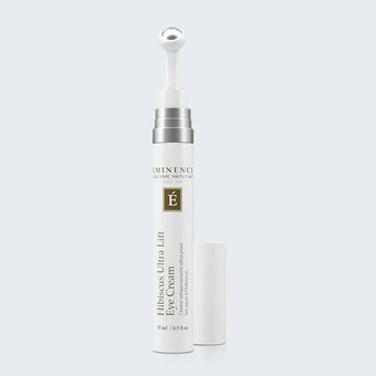 Eminence Organics Hibiscus Ultra Lift Eye Cream on light blue background