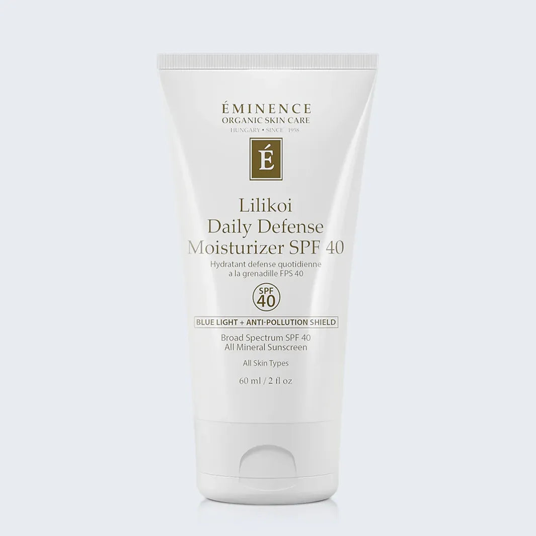 Lilikoi Daily Defense Moisturizer SPF 40 on light blue background