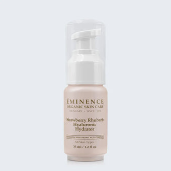 Eminence Organics Strawberry Rhubarb Hyaluronic Hydrator on light blue background