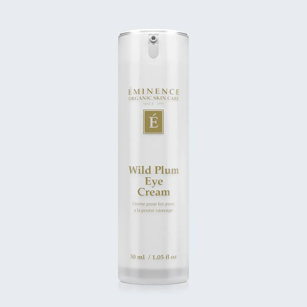 Eminence Organics Wild Plum Eye Cream on light blue background