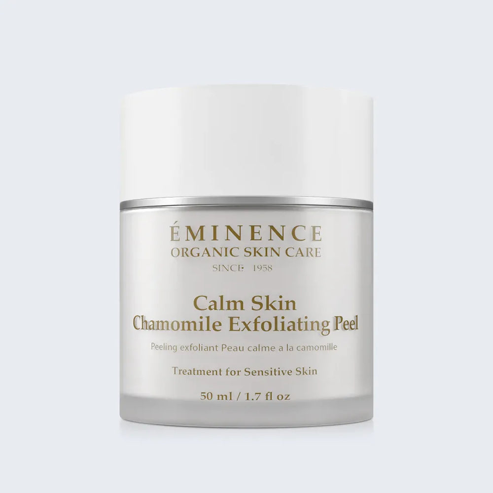 Eminence Organics Calm Skin Chamomile Exfoliating Peel on light blue background