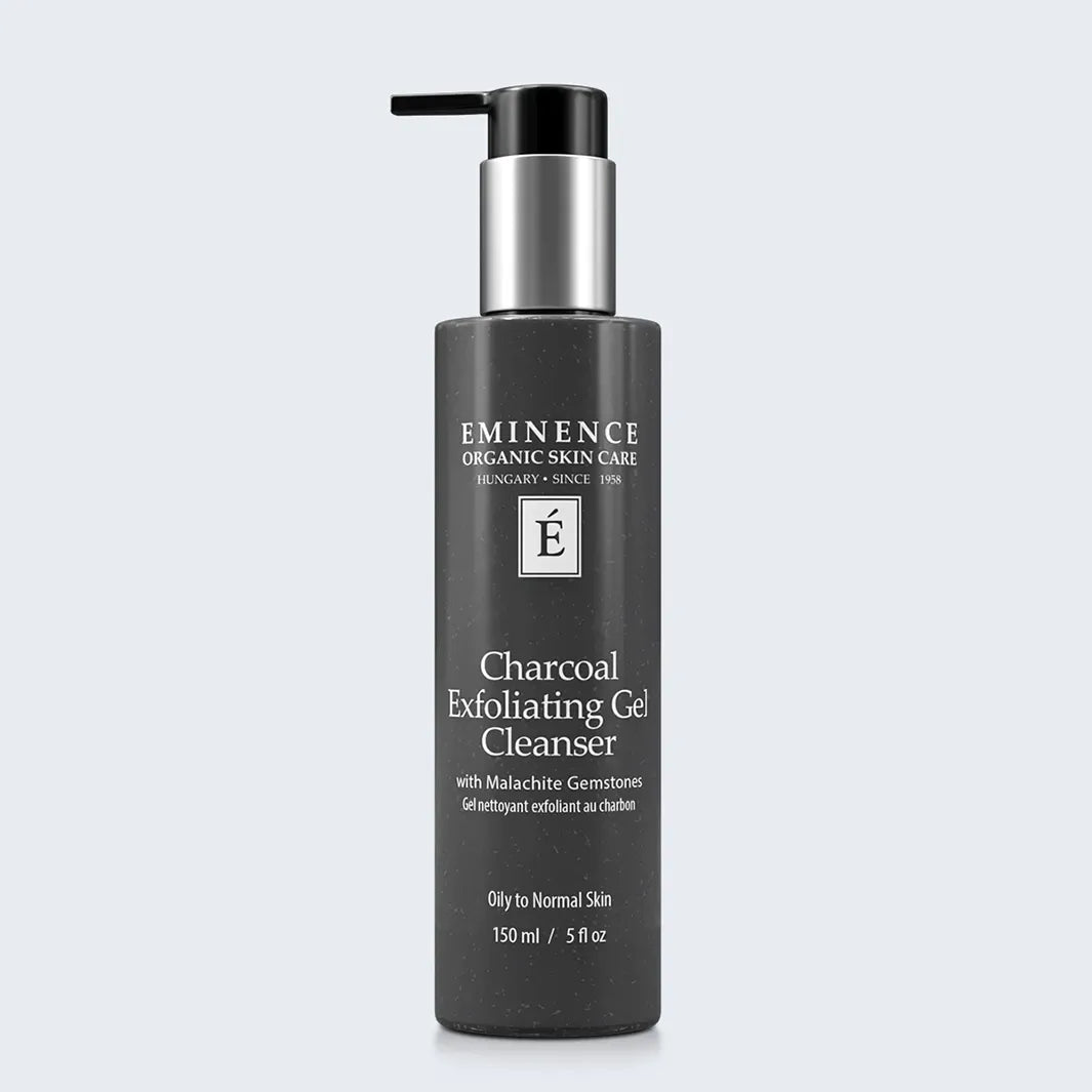 Eminence Organics Charcoal Exfoliating Gel Cleanser on light blue background
