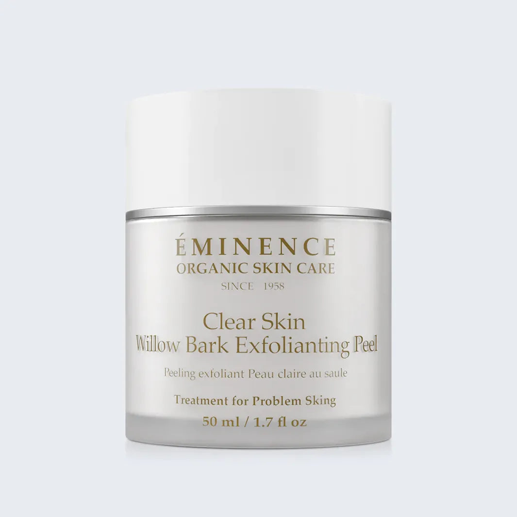 Eminence Organics Clear Skin Willow Bark Exfoliating Peel on light blue background