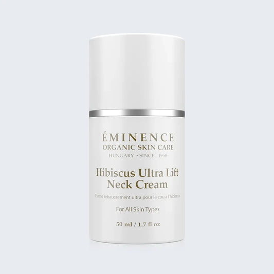 Eminence Organics Hibiscus Ultra Lift Neck Cream on light blue background