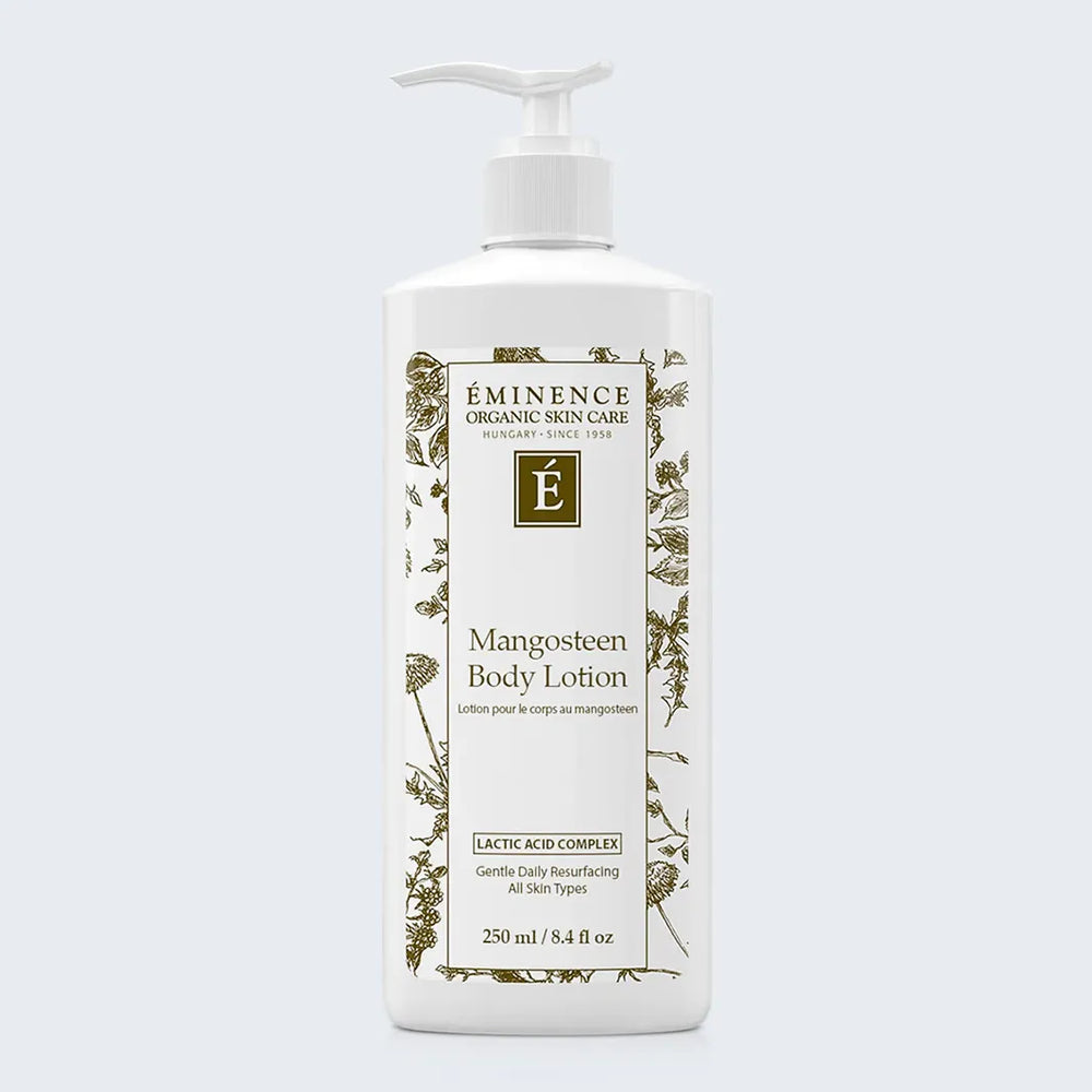 Eminence Organics Mangosteen Body Lotion on light blue background