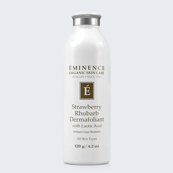 Eminence Organics Strawberry Rhubarb Dermafoliant on light blue background